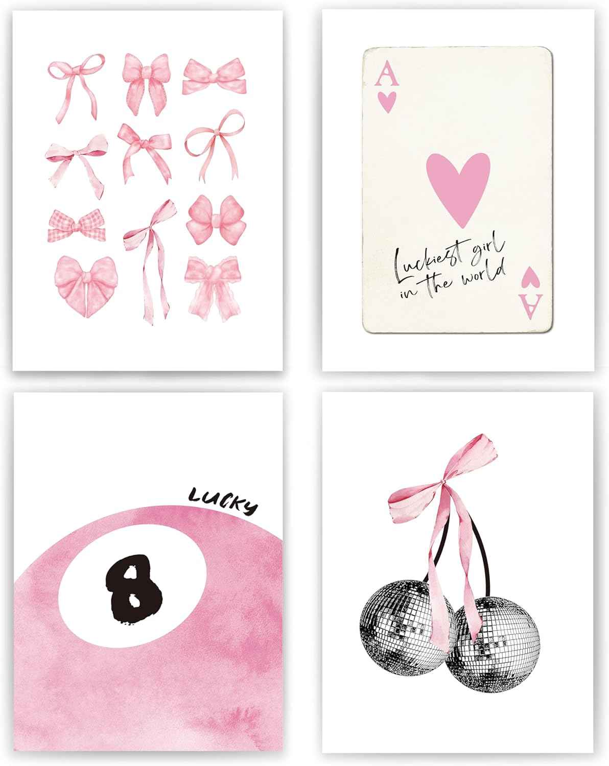 okaxscm Sage Green Coquette Trendy Preppy Wall Art Prints Set of 4, Coquette Preppy Room Decor Aesthetic, Green Bow Disco 8 Ball Cherry Wall Decor Posters for Girls Bedroom Dorm, 8x10 Unframed