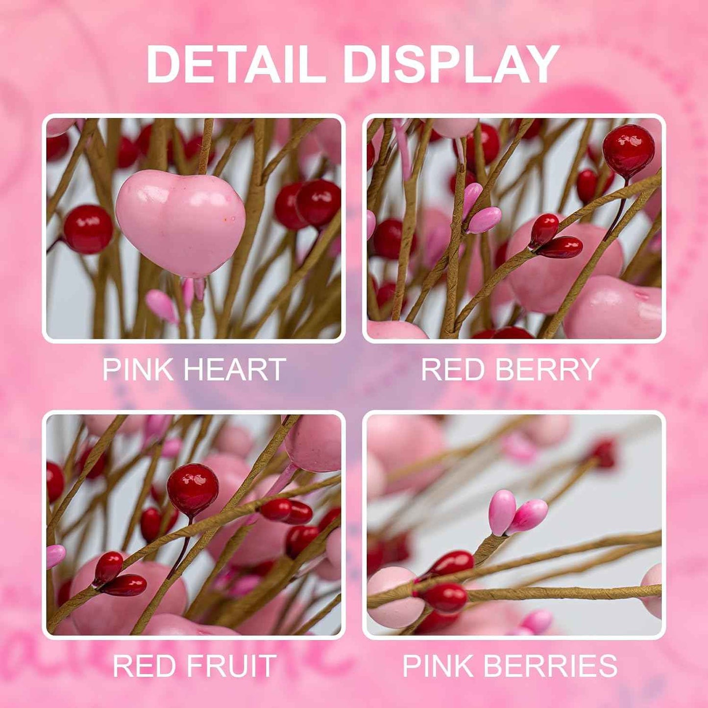 J'FLORU Valentine's Day Gifts Valentines Day Decorations 24 Pack Pink Heart Shaped Berry Picks with Red Berries for Valentines Day Wedding Candlelight Dinner Anniversary