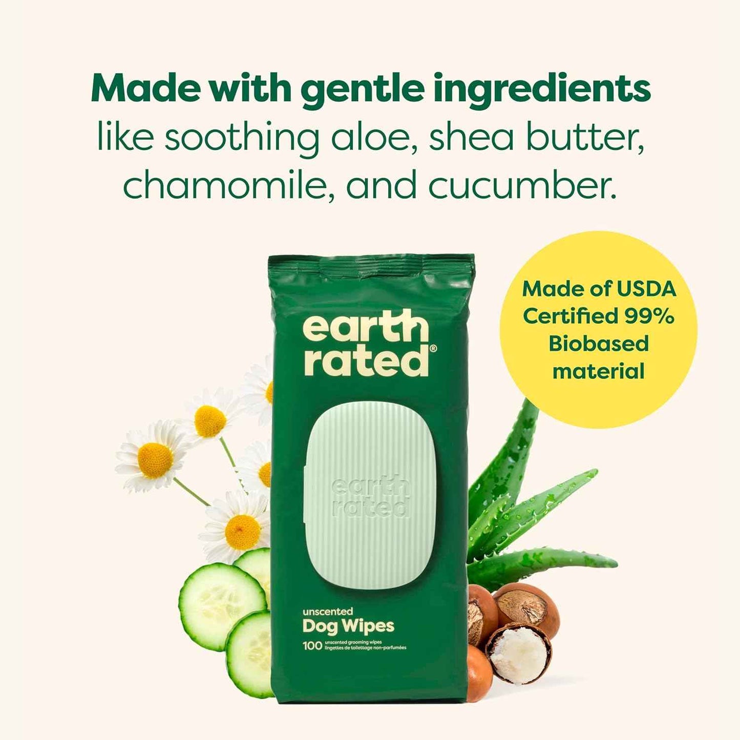 Earth Rated Pet Wipes for Dogs and Cats, Hypoallergenic, Cleaning and Hydrating, for Grooming Paws, Body and Butt, Unscented, 100 Count