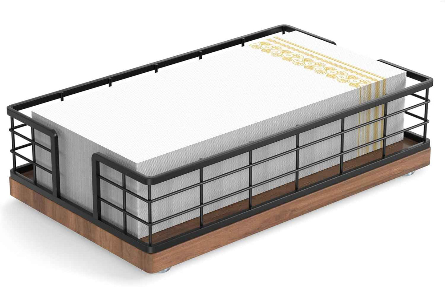 Wican Napkin Holder for Table, Bamboo Iron Standing Napkin Dispenser for Kitchen Dining Farmhouse Cocktail Picnic Bar Rustic Wood Holders for Paper Mail Bills Suitable for All Dining Room Decors Black