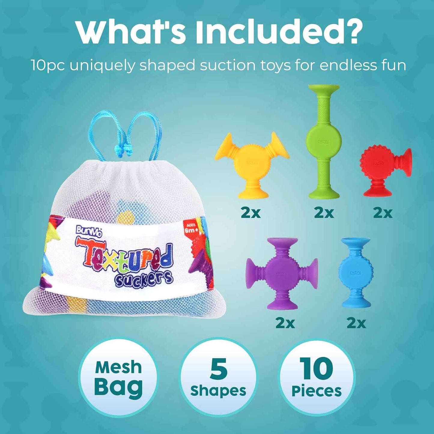 BUNMO Stocking Stuffers for Kids - Toddler Suction Bath Toys - Connect, Build, Create - Toddler Stocking Stuffers - Fine Motor Skills - Stimulating Sensory Fun - Textured 10 Pack