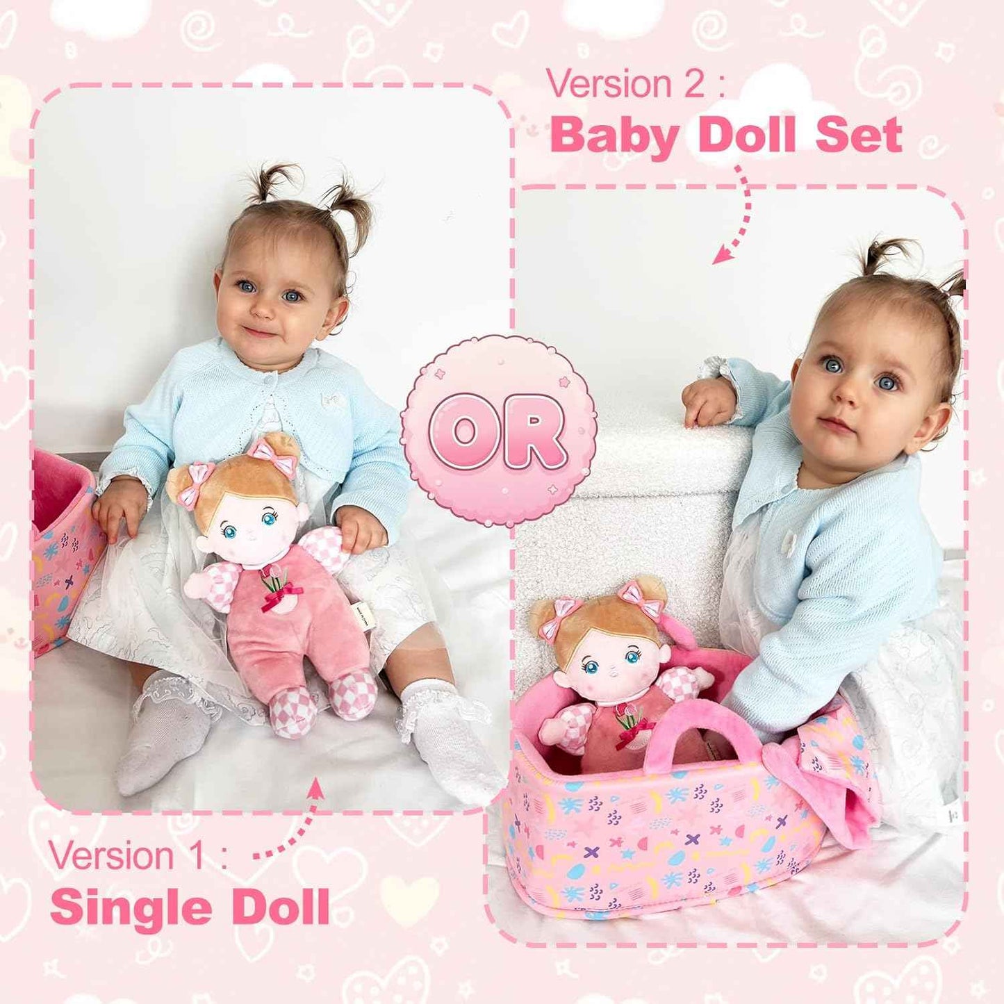 OUOZZZ Soft Baby Doll for 1+ Year Old Girl Gifts - Toys for 1+ Year Old Girl Birthday Christmas Plush Gifts for Toddler Adorable First Doll Tulip Pink 10"
