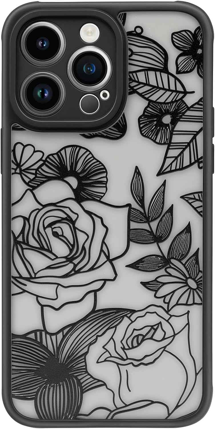 Girly Flower Case Compatible with iPhone 17 Pro Max, Cute Rose Aesthetic Black Line Art Floral Pattern Print, Anti Fingerprint PC Heavy Duty Protection Cases Cover for Girls Women