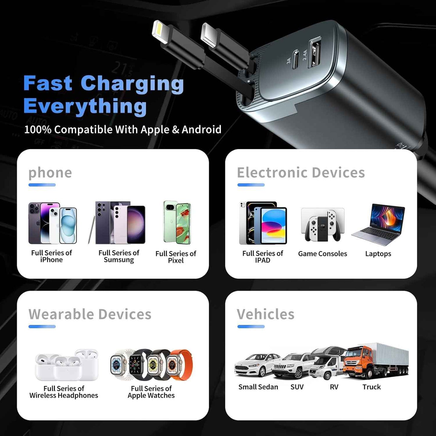 Retractable Car Charger, 84W Car Charger USB C 4 in 1, Car Accessories Fast Charging Car Charger Adapter for iPhone 17 16 15 14 13 12 Pro Max, Samsung, Pixel | Travel Essentials Gifts for Men Women