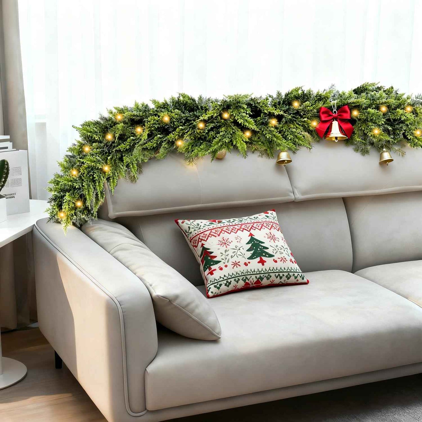 9FT Cedar Garland with Lights, Prelit Christmas Garland Artificial Realistic, Real Touch Pine Christmas Garland for Mantle Stairs Outdoor Decoration, Battery Operated Faux Greenery Garlands Thick Lush