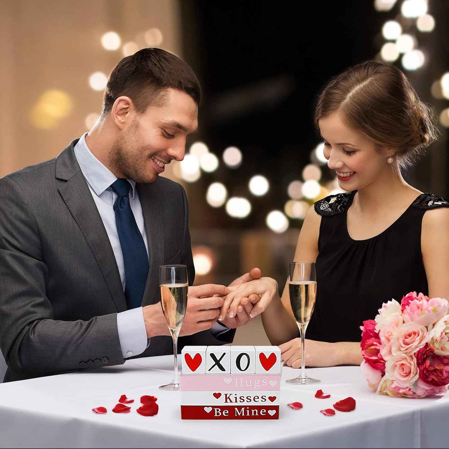 Valentines Day Decor, Wooden Book Stack with 4 XOXO Signs - Valentines Day Decorations for The Home, Tiered Tray, Coffee Table, Fireplace Mantel, Shelf