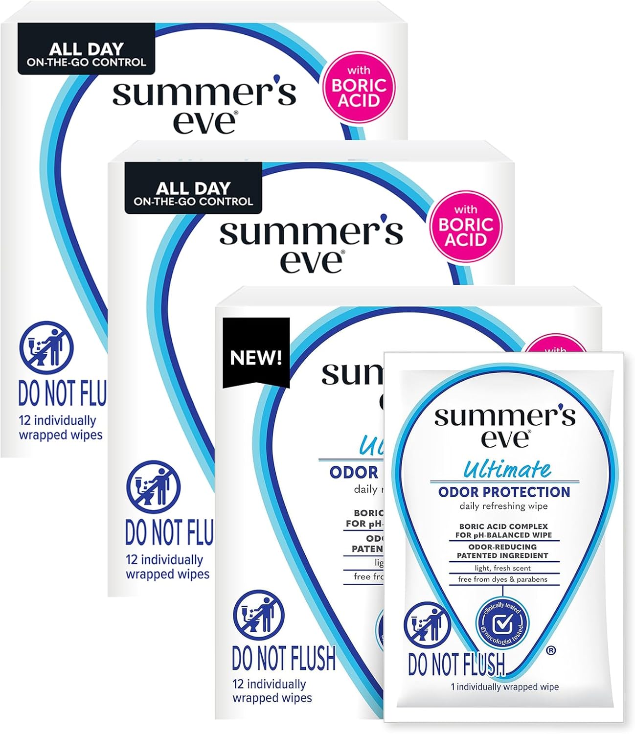 Summer's Eve Ultimate Odor Protection Daily Feminine Wipes, Gentle pH-Balanced Formula with Boric Acid Cleanses & Removes Vaginal Odor, Individually Wrapped Body Wipes, 12 Count