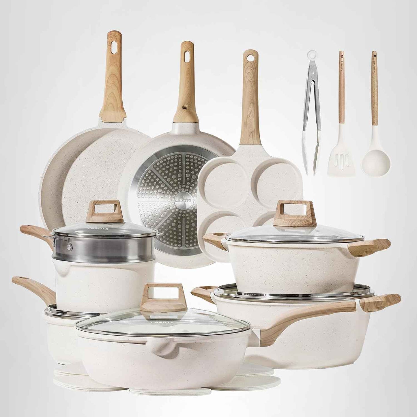 CAROTE 21Pcs non-stick cookware set, induction compatible, white granite finish, PFOS and PFOA free cooking set