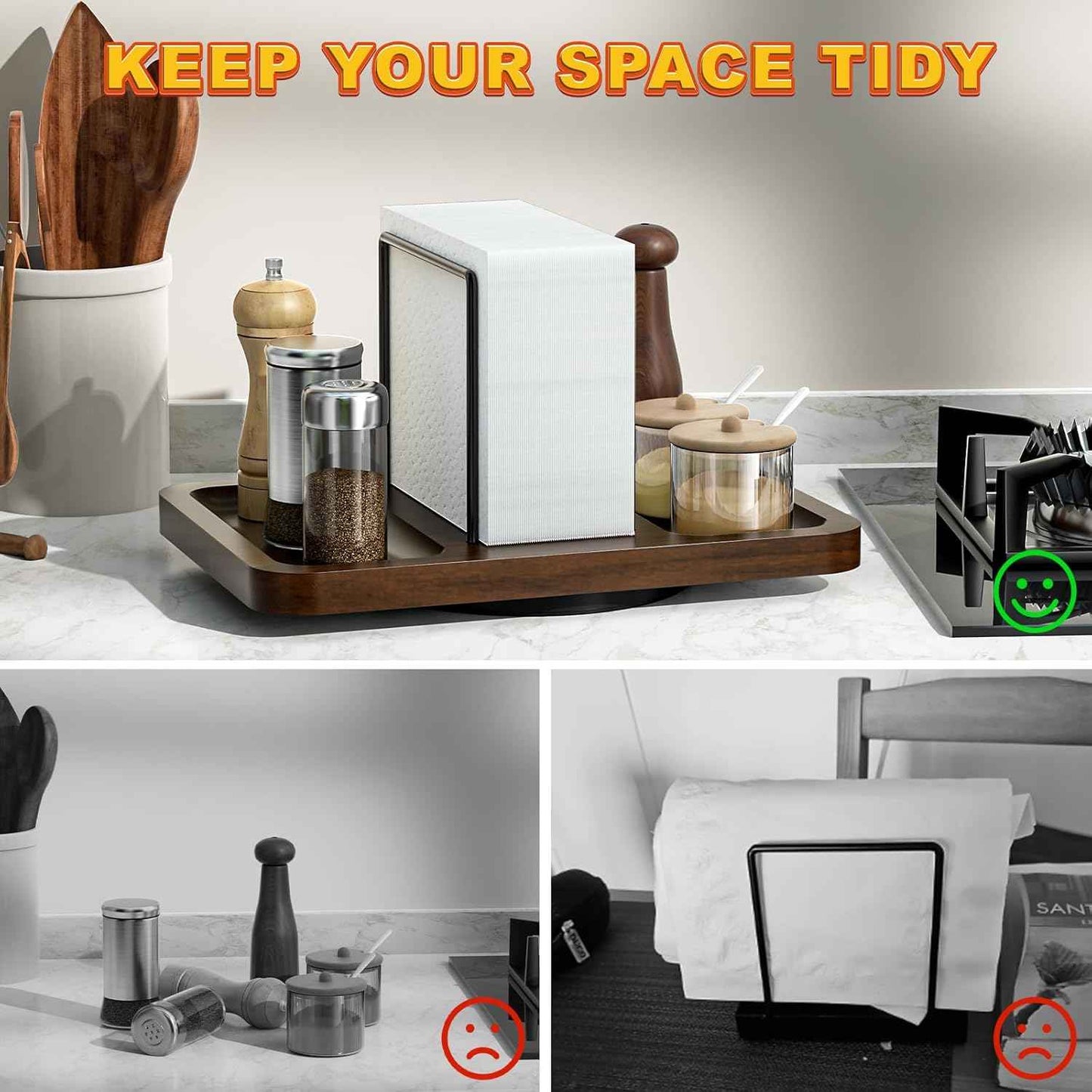 Napkin Holder for Table, Rotating Metal Napkin Dispenser with Salt and Pepper Shakers Caddy Standing Paper Towel Holder for Bathroom Kitchen Dining Table Decor Not Including Shakers