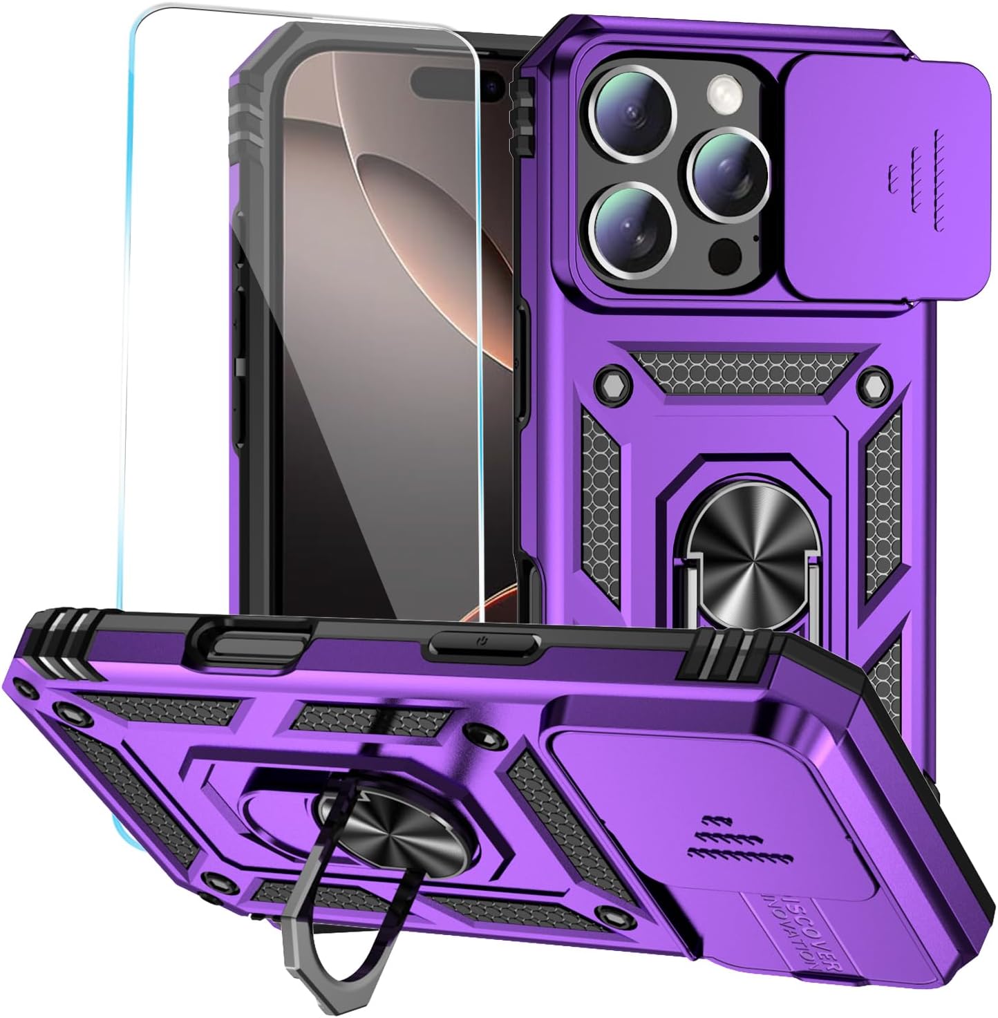SunStory Phone Case for iPhone 16 6.1" with HD Screen Protector | Slide Camera Cover | Rotated Ring Kickstand | Military-Grade Protection | Red