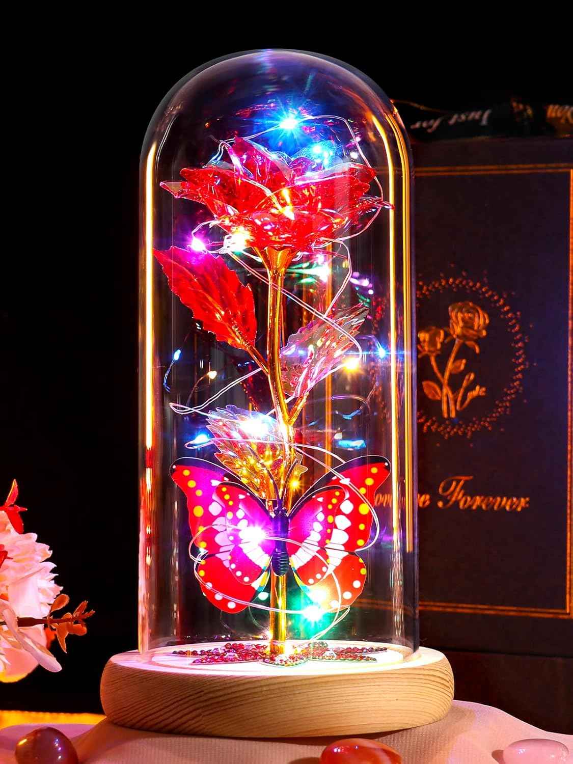 Beferr Gifts for Women Mom Birthday Gifts, Galaxy Glass Rose Forever Preserved Flowers for Delivery Prime Light Up Rose in Glass Dome Valentines Rose Gifts for Her Wife Daughter Girlfriend