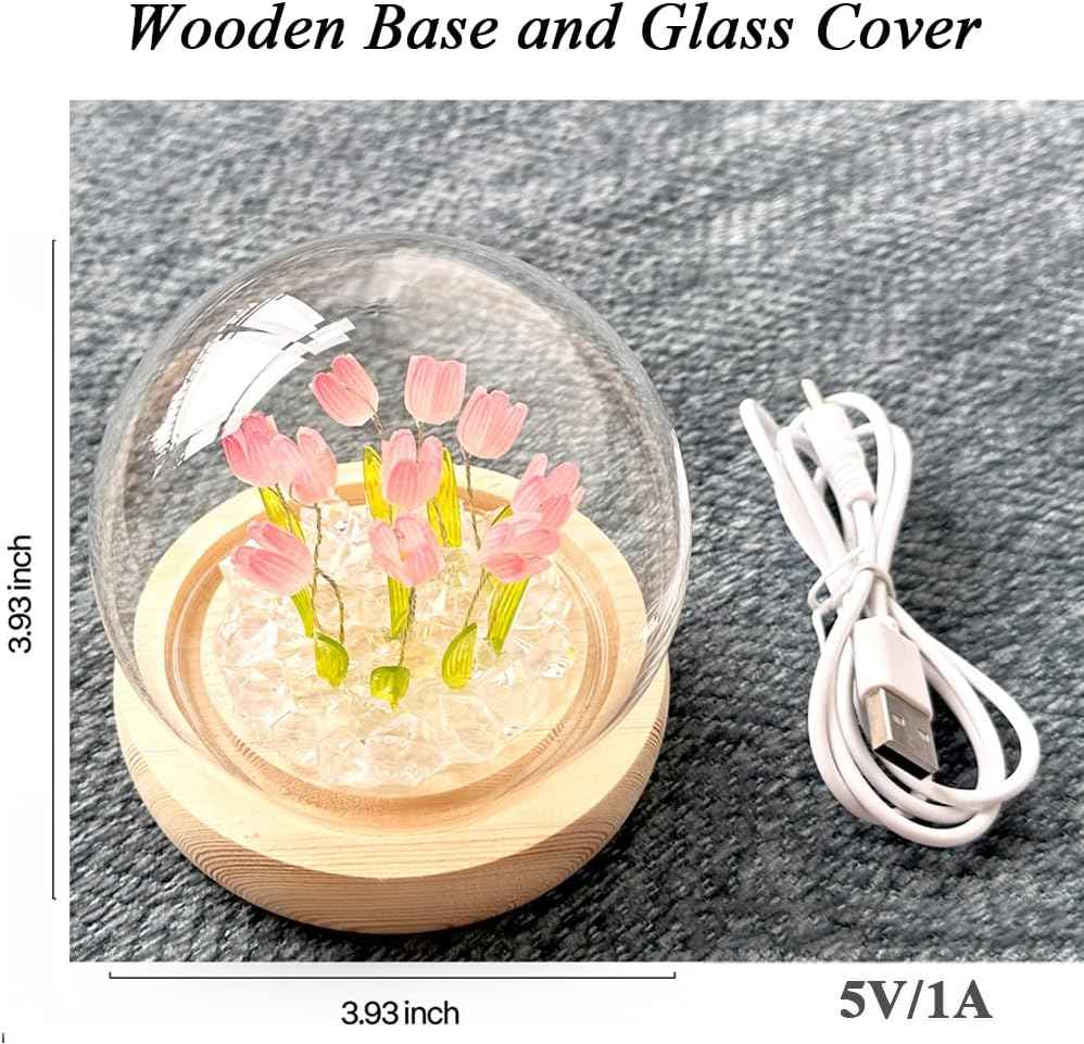 Birthday Gift for Women, Flower Night Light USB Tulip Table Lamp with Wooden Base and Glass Cover for Home Decor Ideal Anniversary Christmas Gift for Mother Wife Sister Daughter Girlfriend and Kids
