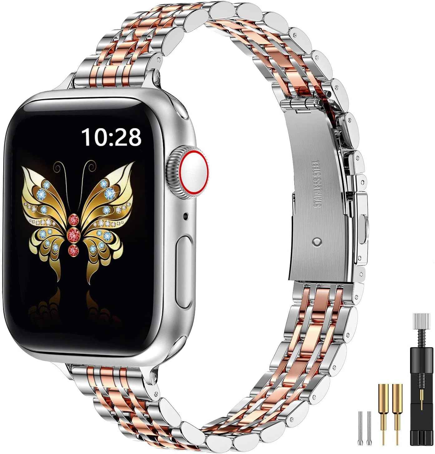MioHHR Slim Metal Band Compatible with Apple Watch Band 42mm(Series 11 10) 41mm(Series 9 8 7) 40mm(Series 6 5 4 SE3/2/1) 38mm(Series 3 2 1),Stainless Steel iWatch Bands for Women,Silver/Gold