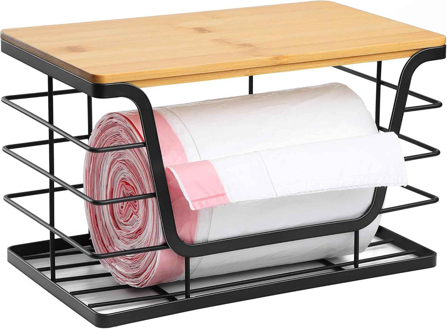 ALOCEO 2 Pack Storage Stackable Kitchen Laundry Organizers with Bamboo Top, Large Trash Bag Holder and Small Garbage Bag Dispenser for Countertop Organization