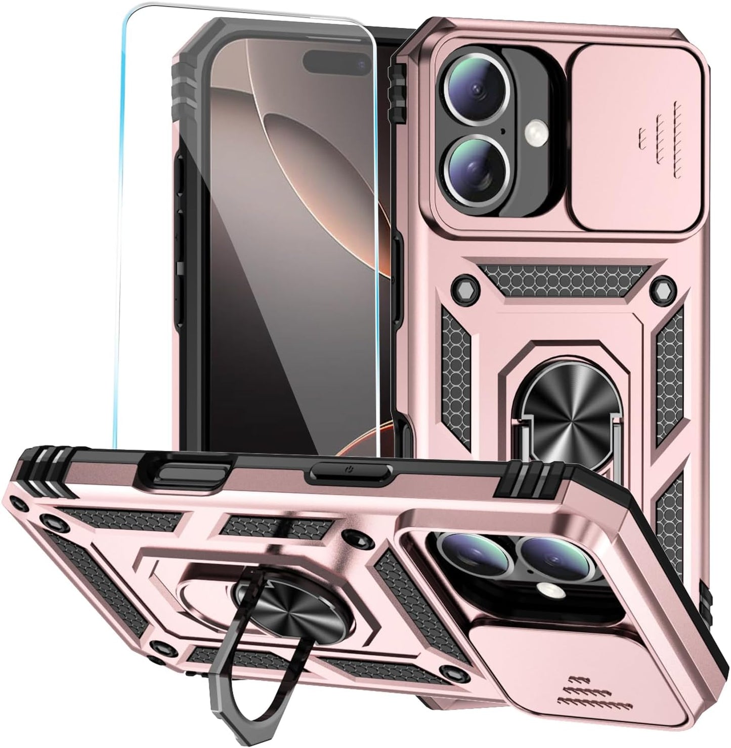 SunStory Phone Case for iPhone 16 6.1" with HD Screen Protector | Slide Camera Cover | Rotated Ring Kickstand | Military-Grade Protection | Red
