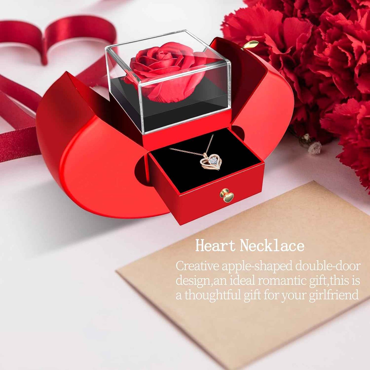 Preserved Flower Red Rose with Heart Necklace, Gifts for Mom, Girlfriend, Women, Wife, Grandma on Christmas, Valentine's Day, Mother's Day, Birthday, Anniversary, Thanksgiving | Birthday, Christmas, Valentine's Day, Mother's Day, Anniversary, Thanksgiving
