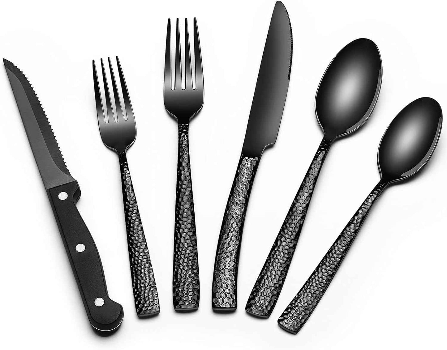 EWFEN 24-Piece Black Silverware Set with Steak Knives, Flatware for 4, Food-Grade Stainless Steel Tableware Cutlery Set, Mirror Finished Utensil Sets Home Restaurant