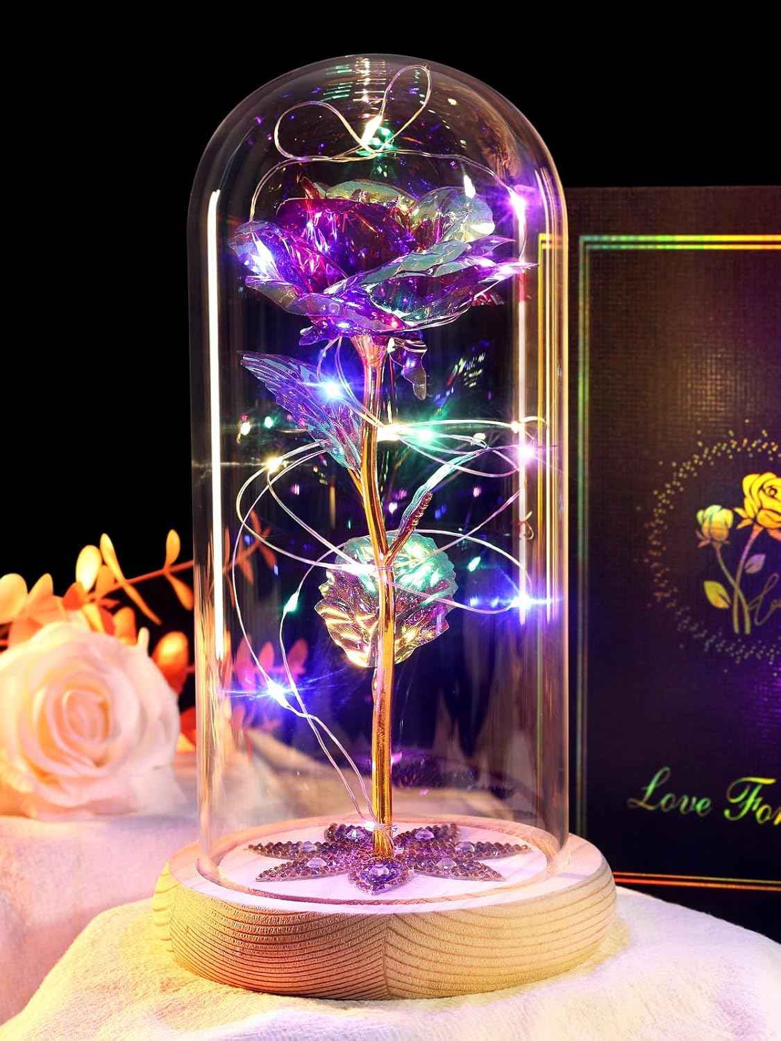 Beferr Gifts for Women Mom Birthday Gifts, Galaxy Glass Rose Forever Preserved Flowers for Delivery Prime Light Up Rose in Glass Dome Valentines Rose Gifts for Her Wife Daughter Girlfriend