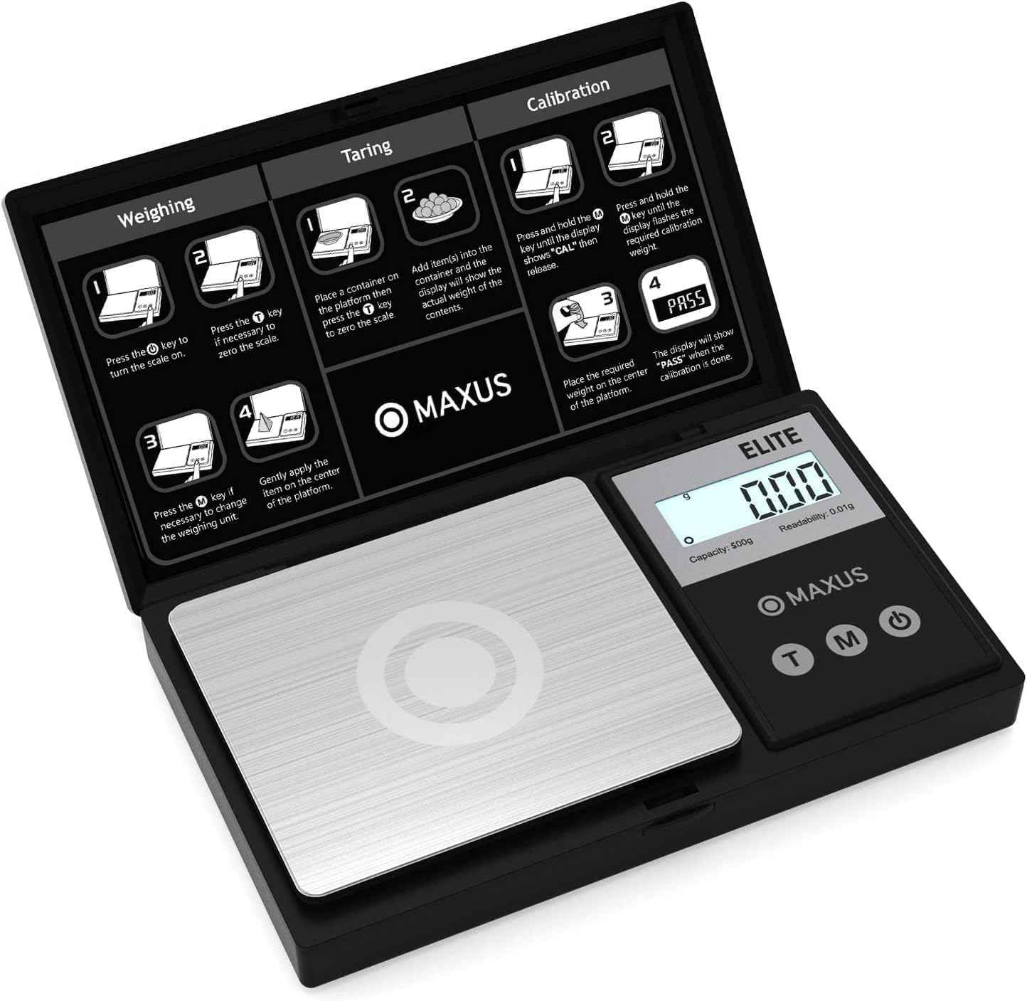 MAXUS Digital Pocket Gram Scale 500g x 0.01g High Precision with Tray, Weighs Small Food, Jewelry, Ounces, Grains, LCD Display, Tare Function