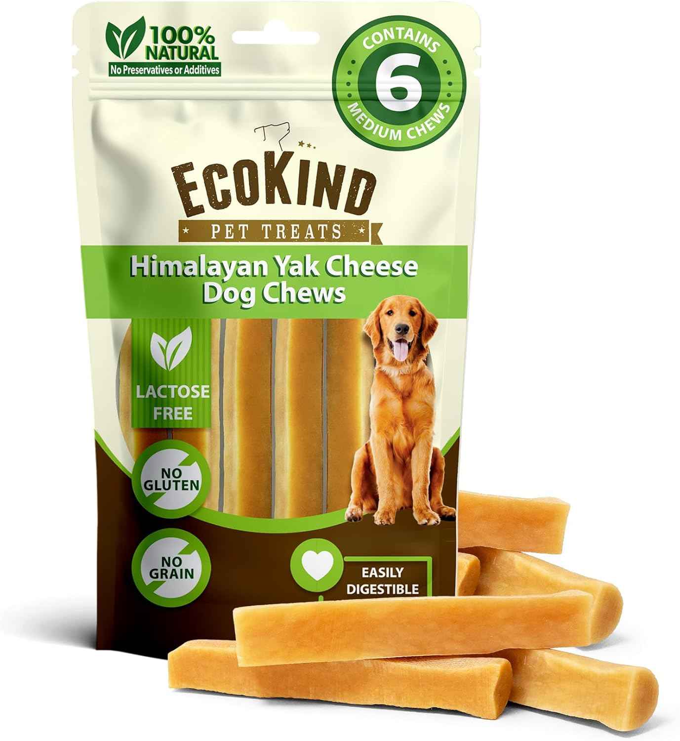 EcoKind Premium Gold Yak Cheese Himalayan Dog Chews, Dog Treats Large Breed, All Natural, High Protein, for Aggressive Chewers, Large - 4 Chews (1 lb)
