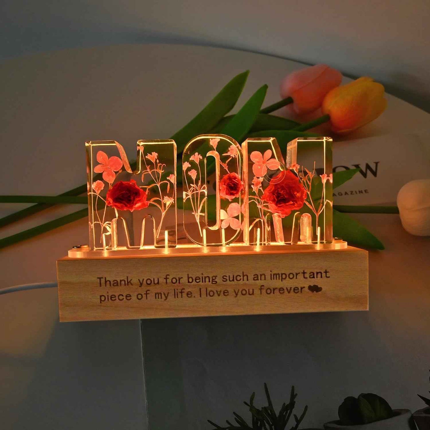 Britrio Gift for Mom Women Grandma Rose Dry Flower Night Light Lamp for Mother's Day Mom Birthday from Son Daughter Dried Pressed Flower Letter Led Light Christmas Gift Home Bedroom Decor