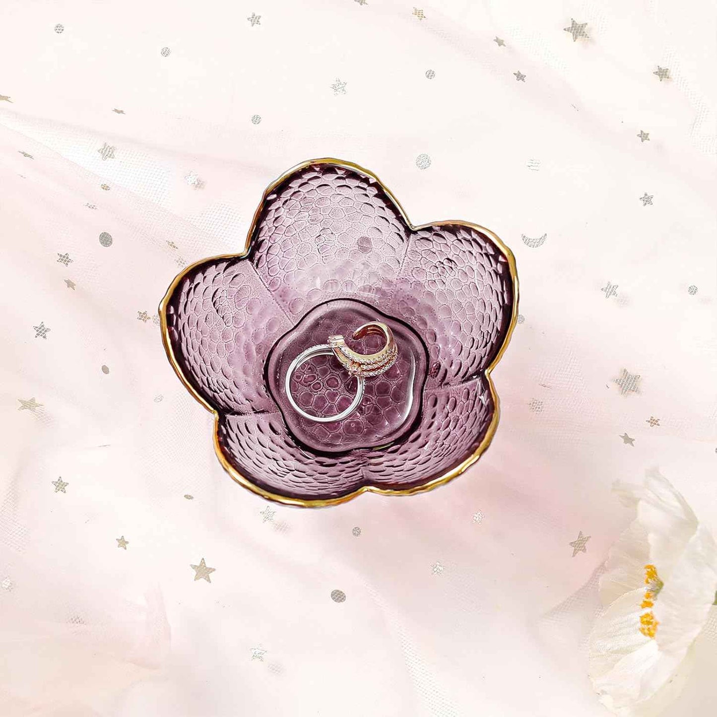 Purple Flower Jewelry Dish Glass Ring Holder Dish Jewelry Tray Cute Vanity Organizer Aesthetic Nightstand Bathroom Room Decor Trinket Dish Valentine's Friendship Christmas Birthday Gifts for Women