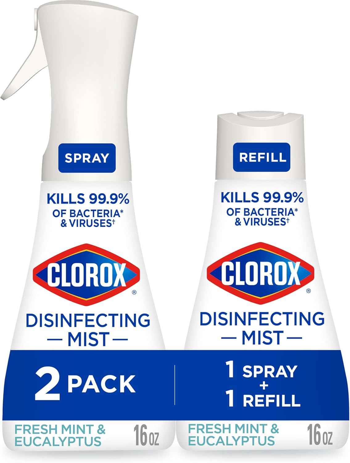Clorox Disinfecting Mist, Eucalyptus Peppermint, Household Essentials, 1 Spray and 1 Refill, 16 oz Each