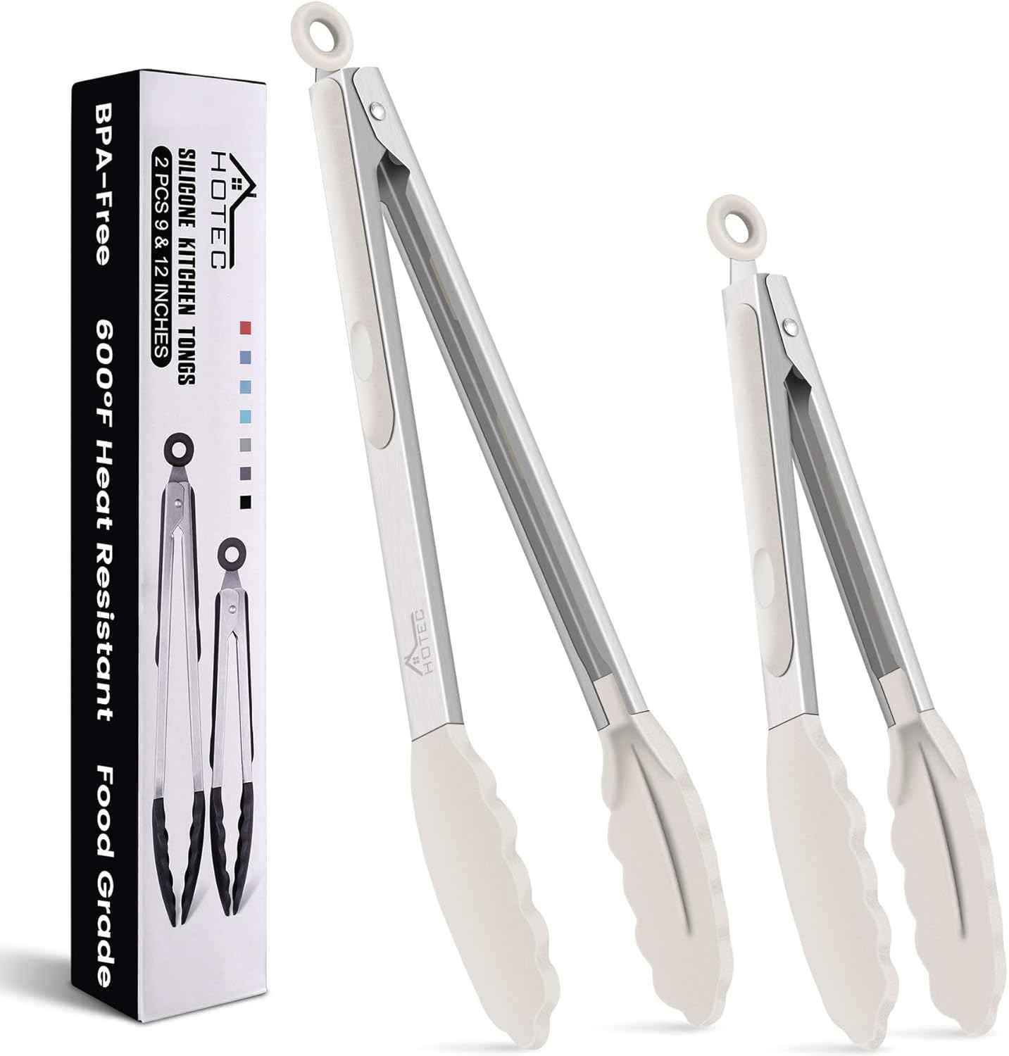 HOTEC Premium 7 & 9 Inch Kitchen Tongs, Stainless Steel Locking Cooking Tongs with Silicone Tips, Non-Scratch & Heat Resistant, Serving Tongs for Salad, BBQ, Classic Blue, Set of 2