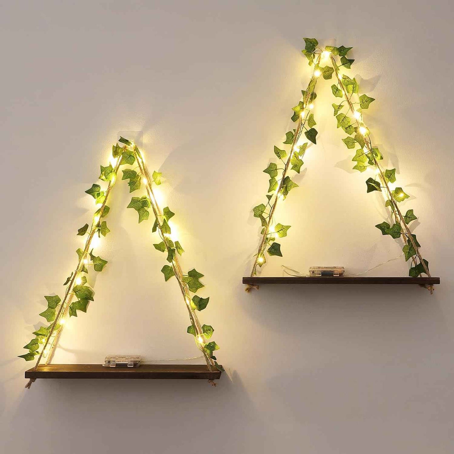 Floating Shelves for Wall, Hanging Shelves with Artificial Ivy LED String Light, No Drilling Hanging Shelf, Wood Hanging Plant Shelves for Wall DΓ©cor, Boho Decor, Art Bedroom, Set of 2