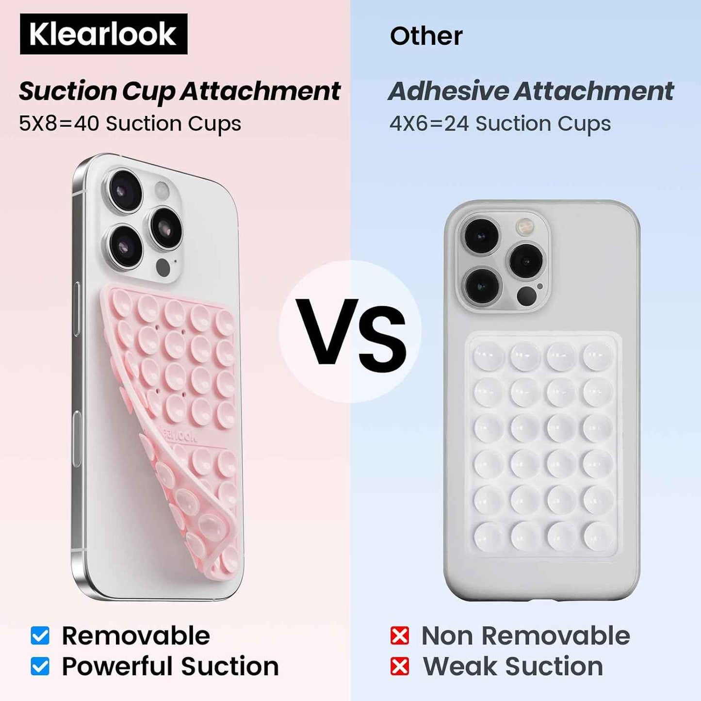 Klearlook Silicone Double-Sided Suction Cup Phone Case Detachable Mount, Sticky Phone Grip with Higher Suction Power for iPhone, Hands-Free Phone Accessories Holder for Selfies and Videos, Light Pink