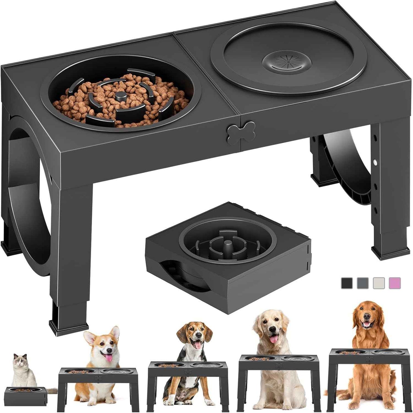 XIAZ Elevated Dog Bowls Large Breed Raised Dogs Bowl Stand Large/Medium Sized Dog 1L Food Water Bowl Stands 5 Heights Adjustable 9/11/12/14in Black Pet Feeder Dish Station