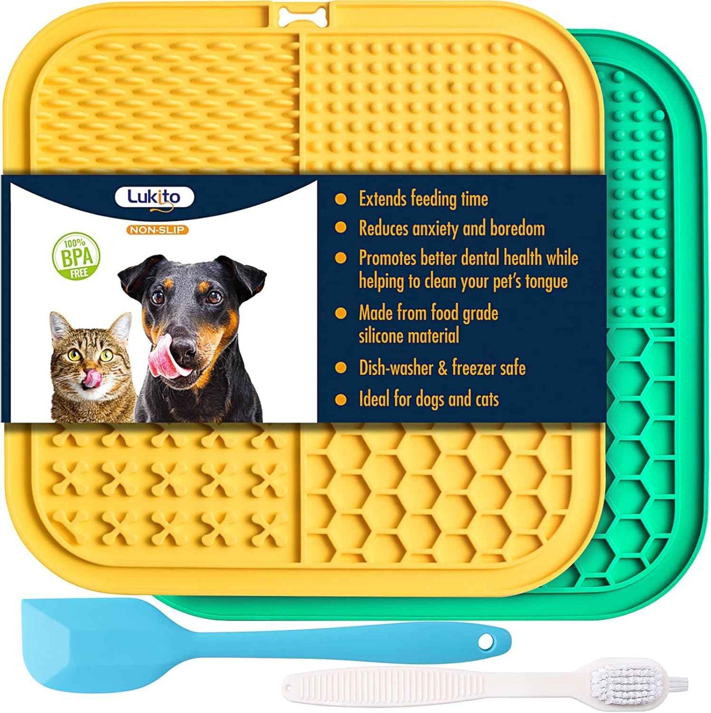 LUKITO Lick Mat for Dogs & Cats 2 Pack with Suction Cups, Dog Lick Mat for Anxiety Relief, Dog Toys to Keep Them Busy, Peanut Butter Licking Pad for Boredom Reducer, Perfect for Bathing Grooming