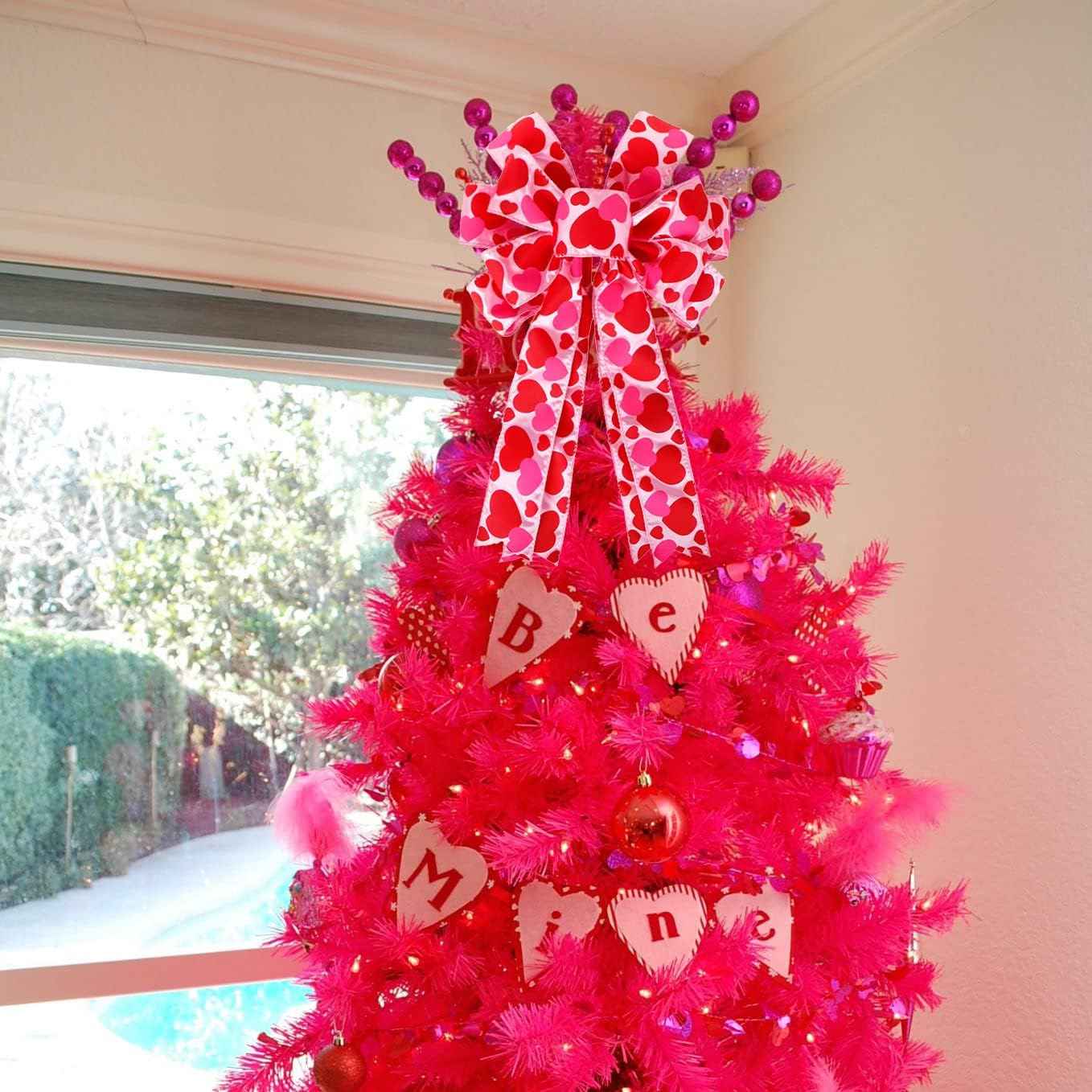 Valentine Tree Topper Bow with Heart Decorations, 11.4”x19.6” Large Red Pink Valentines Wreath Bow Decor for Valentine's Day Wedding Holiday Party Wall Home Front Door Decorative
