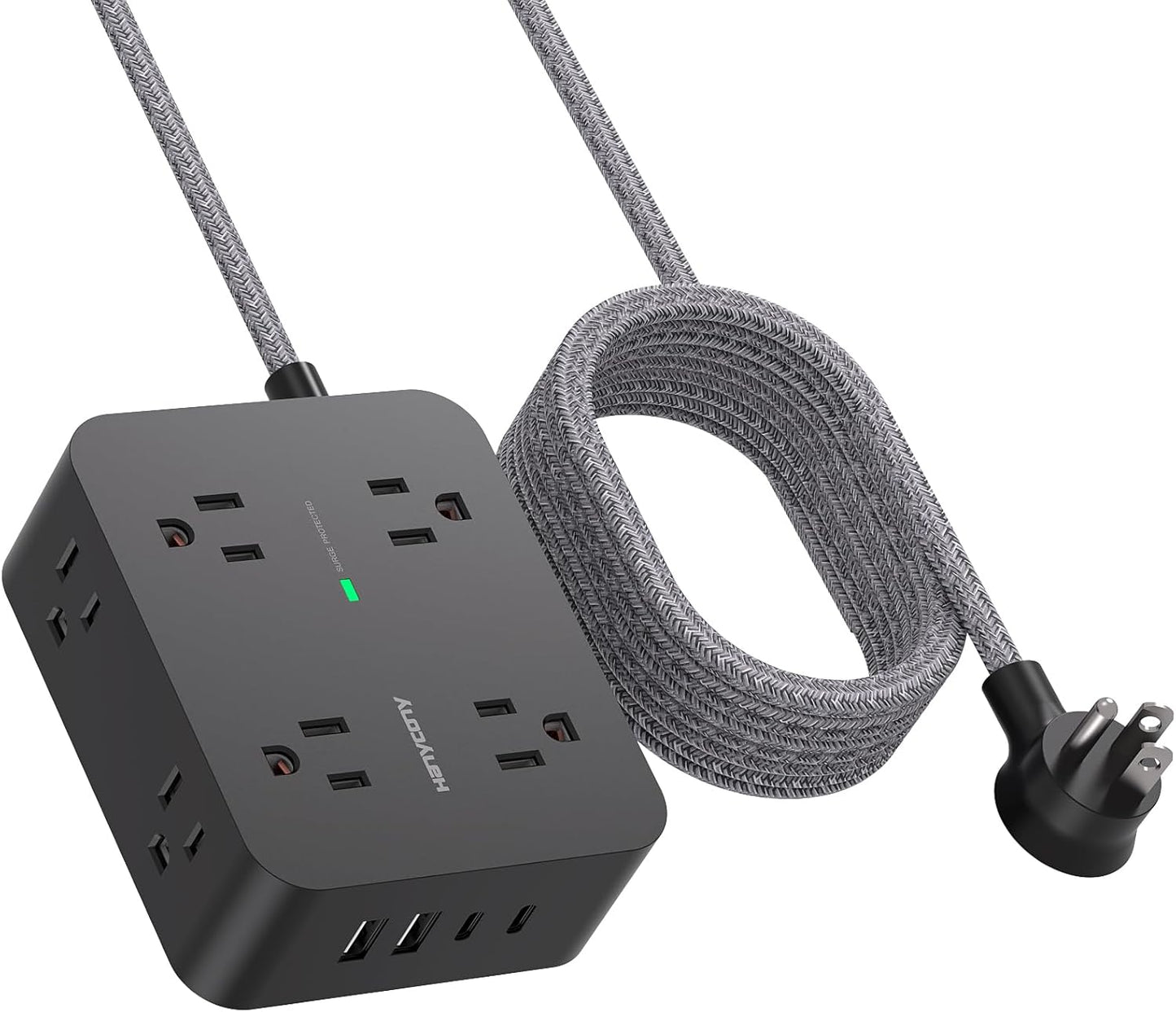 HANYCONY Surge Protector Power Strip – 8 Outlets with 4 USB Ports (2 USB-C), 5Ft Braided Extension Cord, Flat Plug Multi Outlet for Home & Office