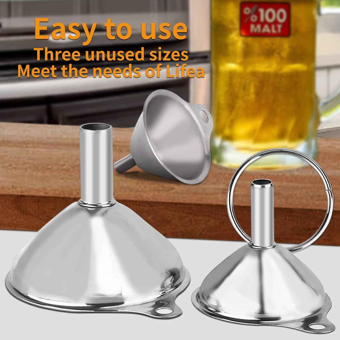 Metal Stainless Steel Funnel, Large Medium Small Funnel Set of 3, Food Grade Mini Funnels for Kitchen Use Filling Bottles Flask Cooking, 2 Brushes YLYL
