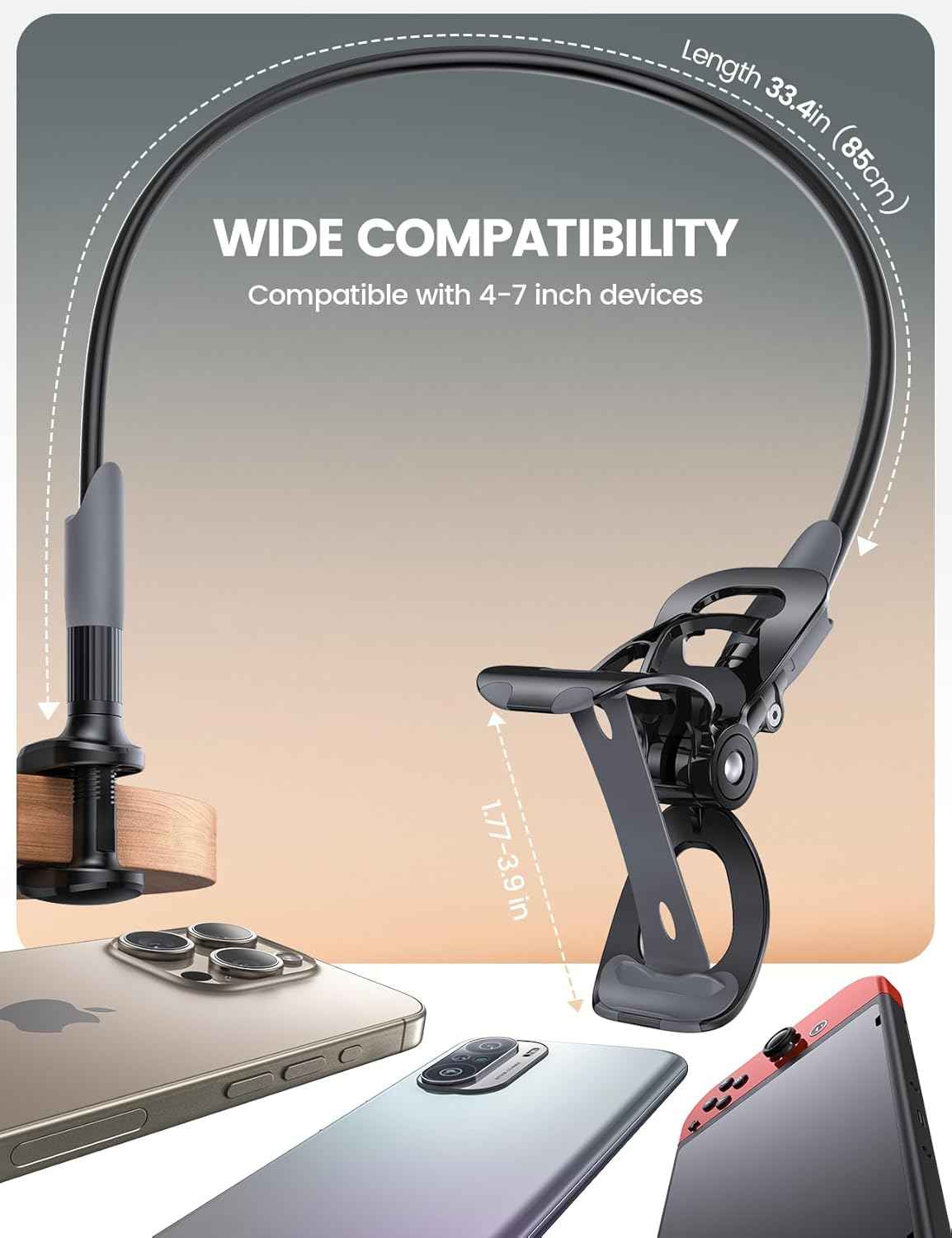 Lamicall Gooseneck Phone Holder for Bed - Cell Phone Mount Clamp Clip, Flexible Long Arm, Overhead Mount for Desk Headboard Bedside, for iPhone Air 17 Pro Max, 16 Pro Max, 15, 14 & 4-7" Phone