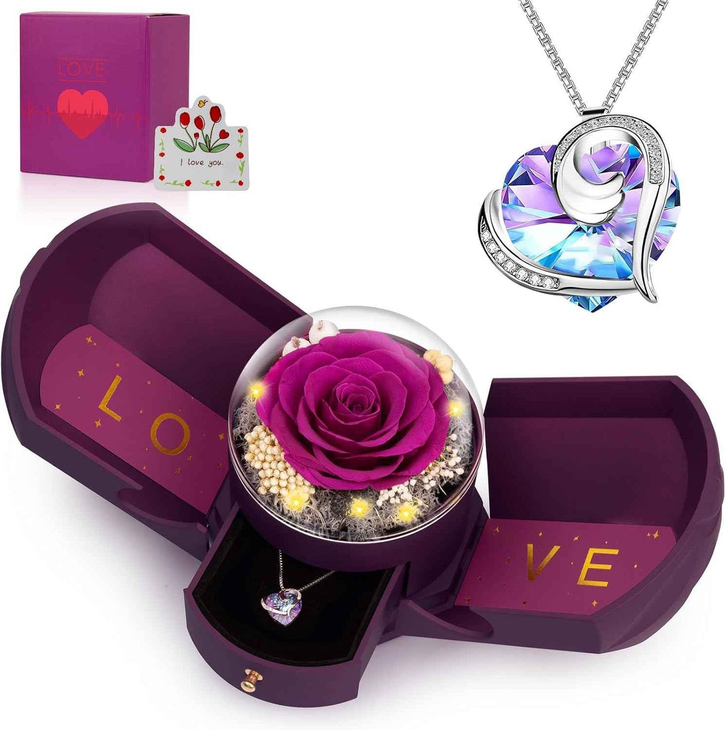 Preserved Real Red Rose with Necklace Forever Flowers Rose Valentines Day Gifts for Her Wife Girlfriend Women Mom Grandma on Valentines Mothers Day Sweetest Day Christmas Anniversary Romantic-Red