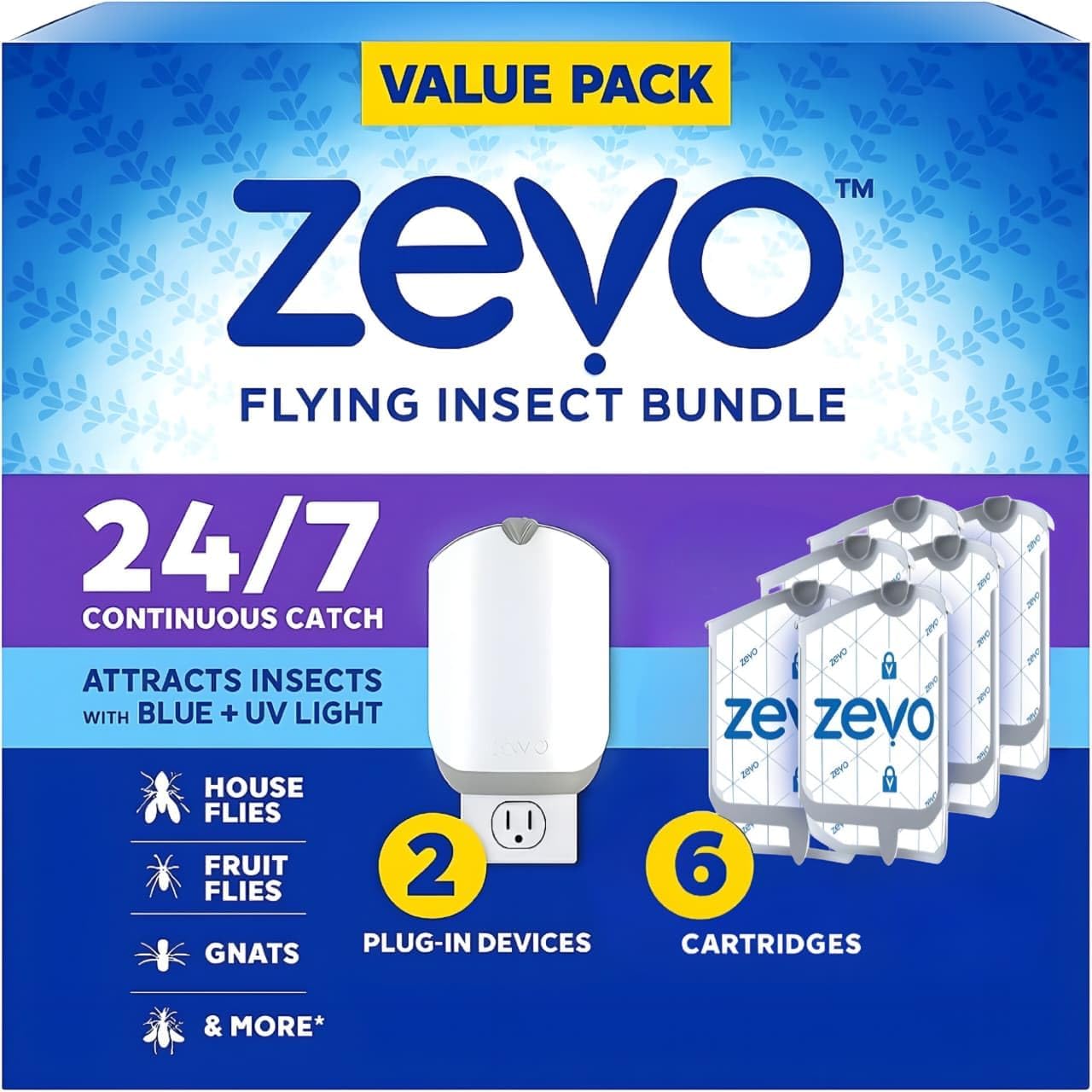 Zevo MAX Bug Catcher & Fly Trap for Indoors - Flying Insect Trap for Gnats, House & Fruit Flies - Use in Any Room - No-Mess Disposal (1 Plug in Base & 2 Cartridges)