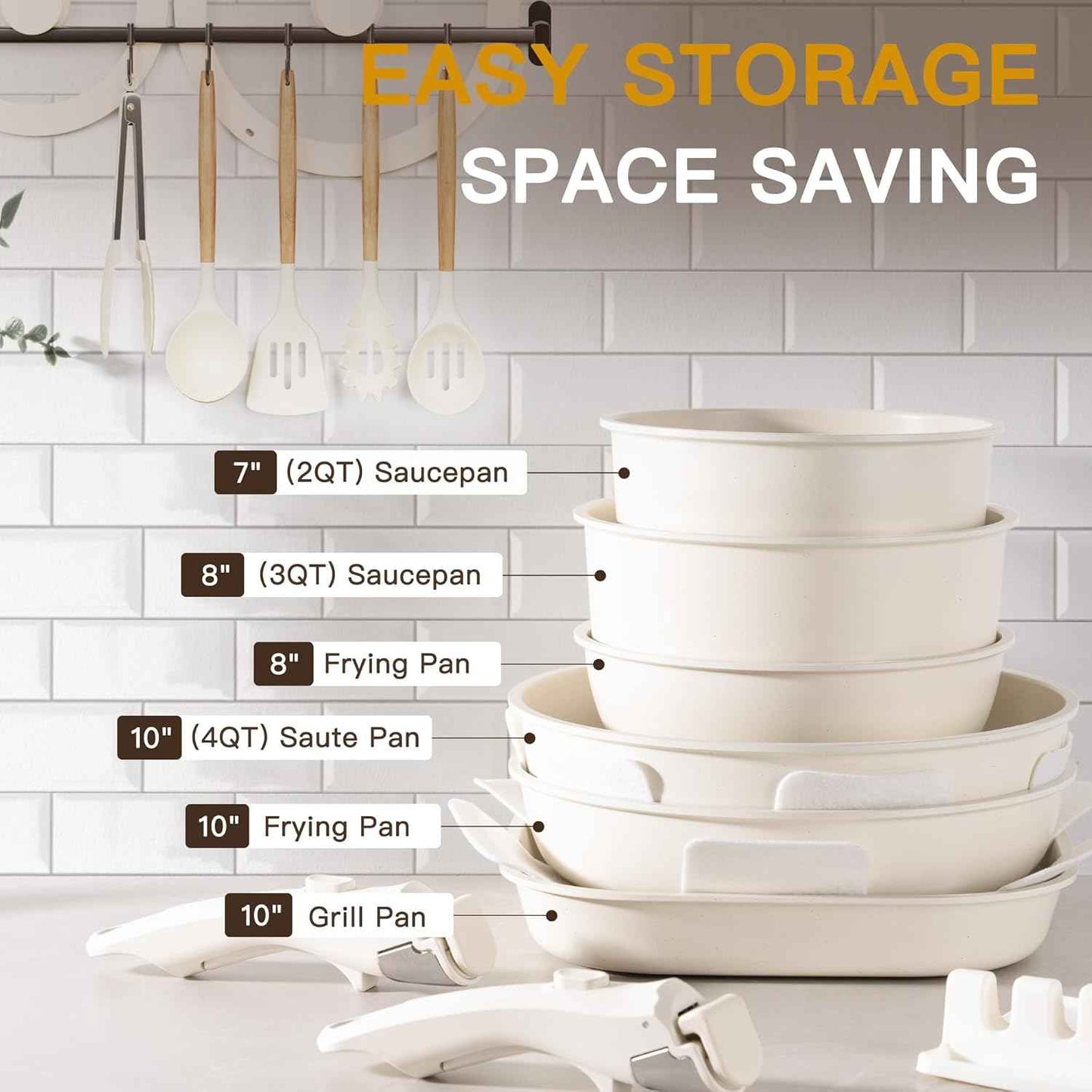 Astercook 23 Pcs Pots and Pans Non Stick Ceramic Cookware Set Detachable Handle, RV Stackable Kitchen Cooking Set Removable Handles, Oven Safe, Induction Ready, Cream White