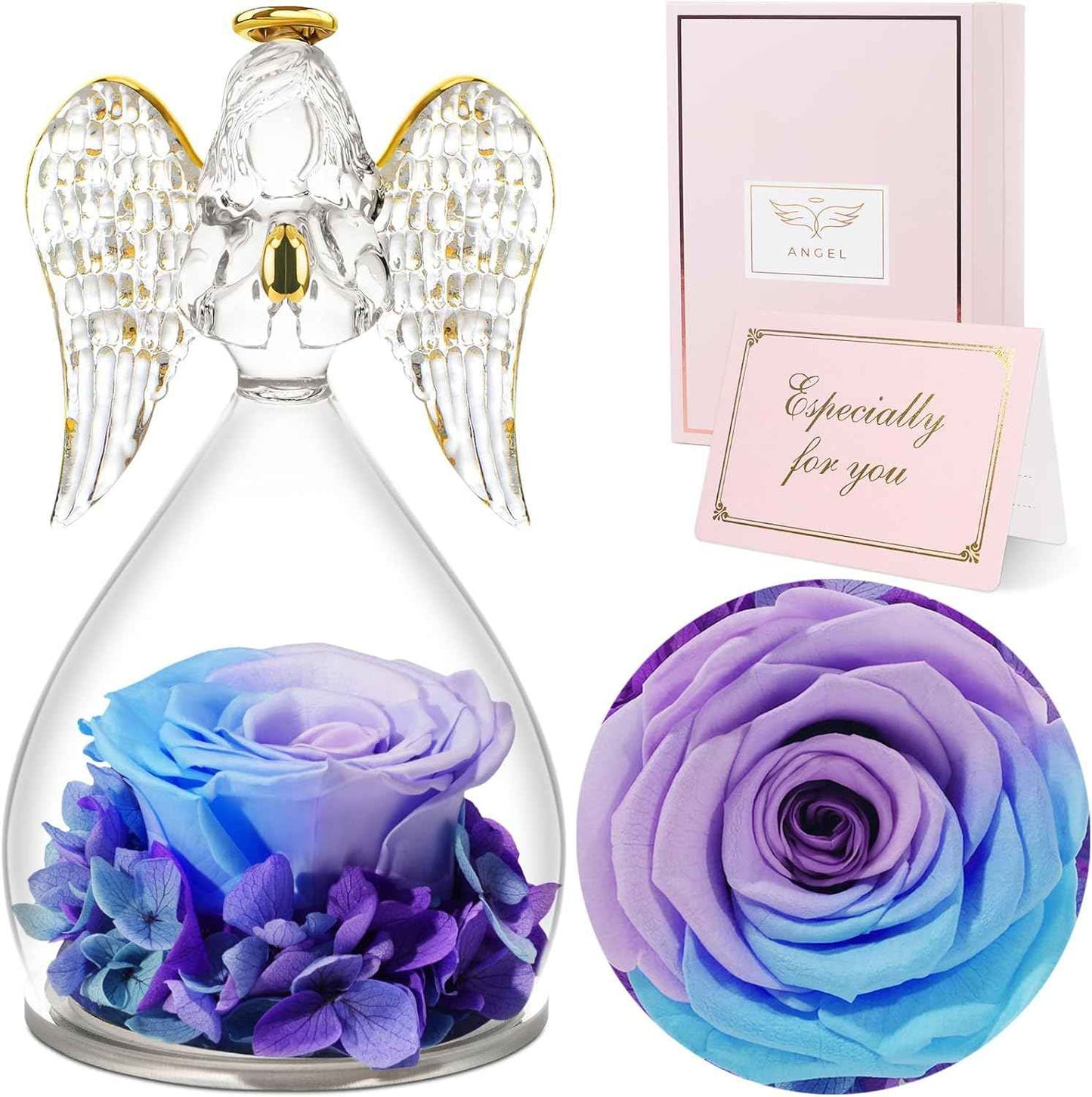 Sunia Valentines Day Rose Gifts for Women, Birthday Gifts for Mom Grandma, Forever Preserved Flower in Glass Angel Figurines Flowers for Delivery Prime, Mothers Day Real Roses for Her Wife