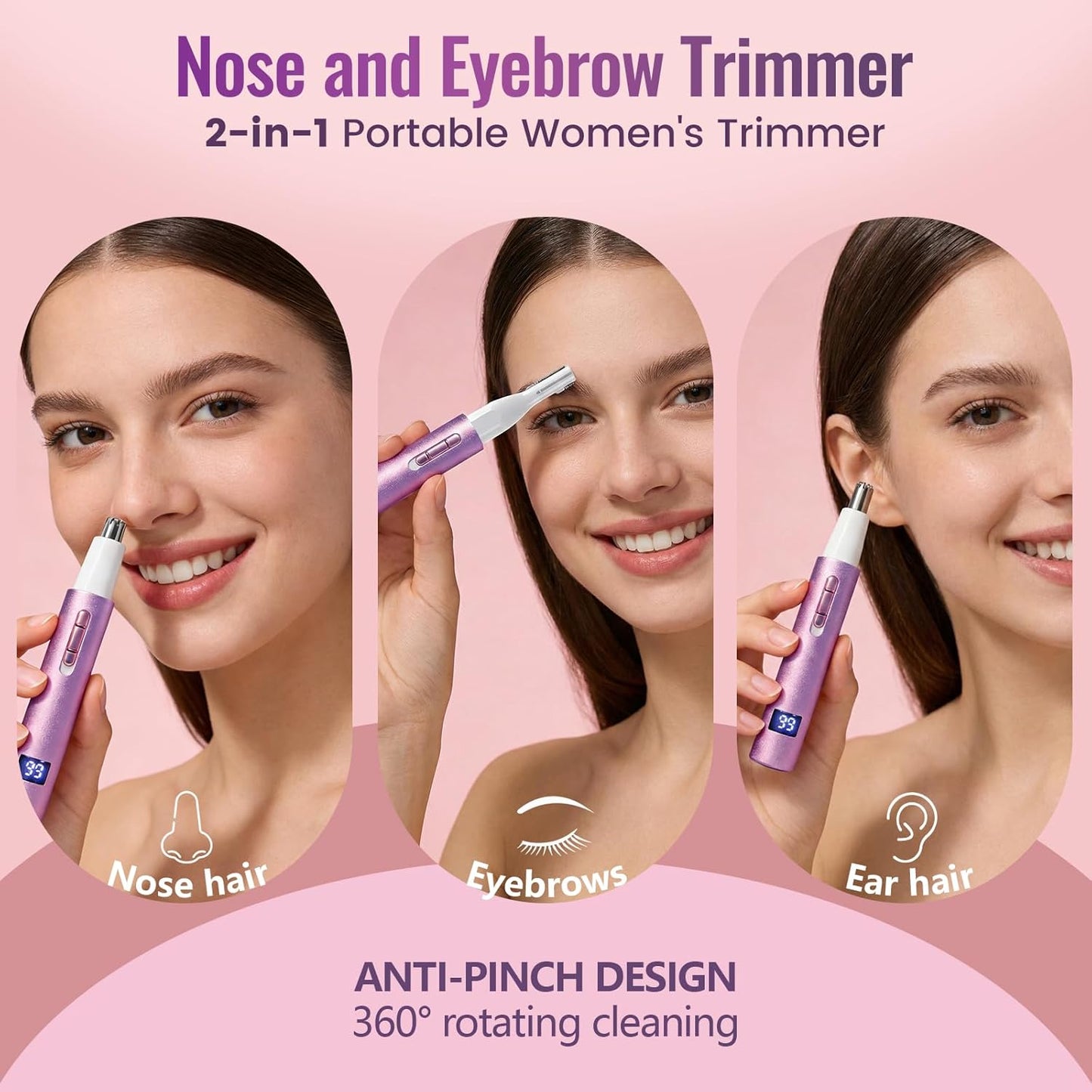 Nose and Ear Hair Trimmer with LED Display for Women Men,2 in 1 Eyebrow Hair Trimmer with USB Rechargeable,2026 Portble Waterproof Facial Hair Removal with Dual-Edge Blades (Purple)