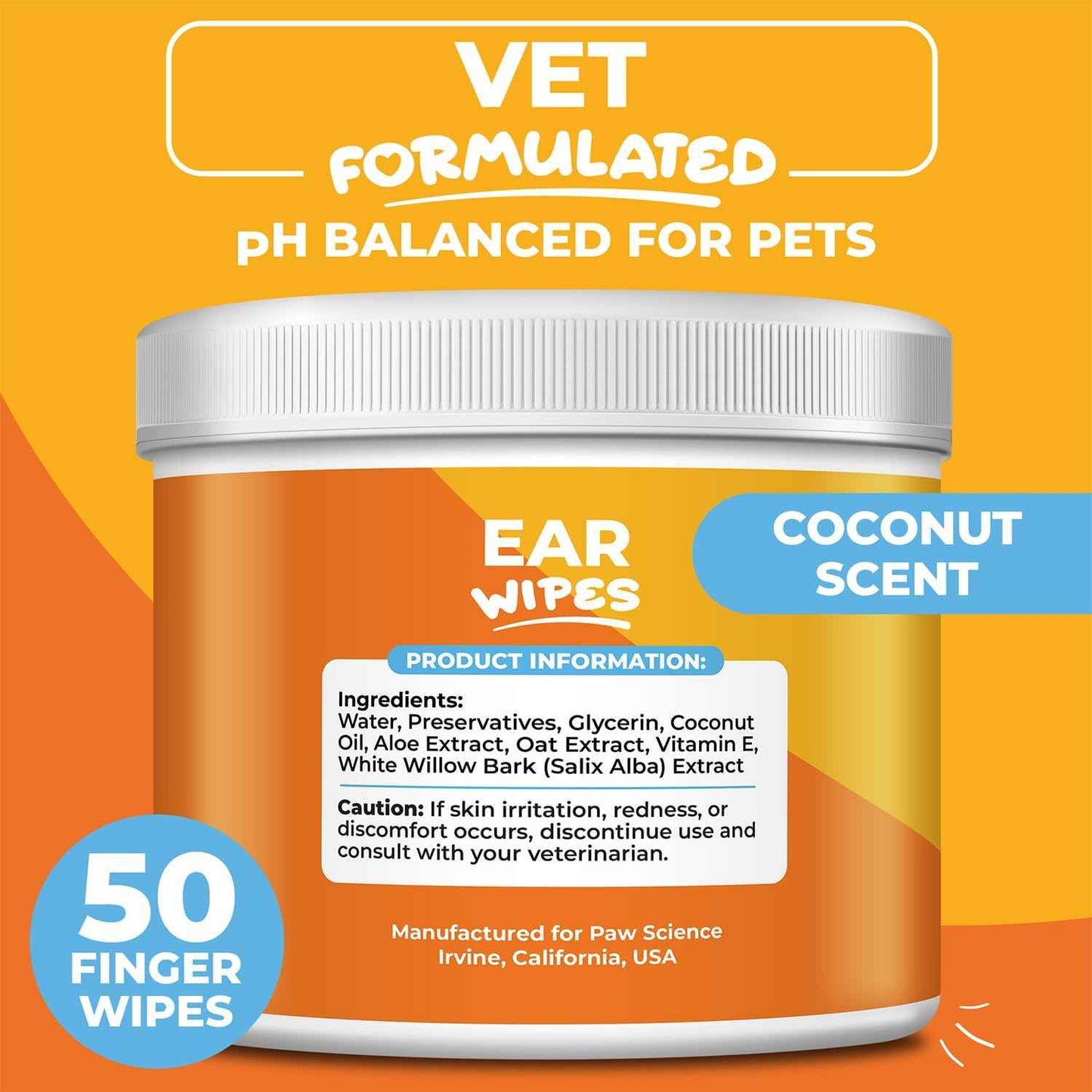 Dog Ear Cleaner Wipes – Finger Wipes for Dogs & Cats – Cleaning, Soothing, & Deodorizing Itchy Ears – Pet Ear Relief Solution (Coconut)