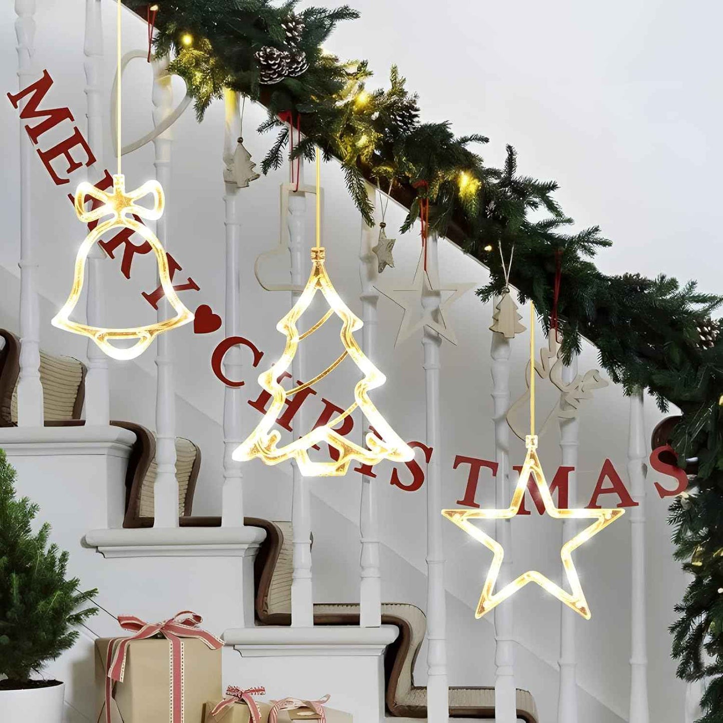3Pack Christmas Window Lights Decorations with Timer, Battery Powered Hanging Warm White Lighted Tree Bell Star Shaped LED Sucker for Xmas Tree Fireplace Indoor Decor