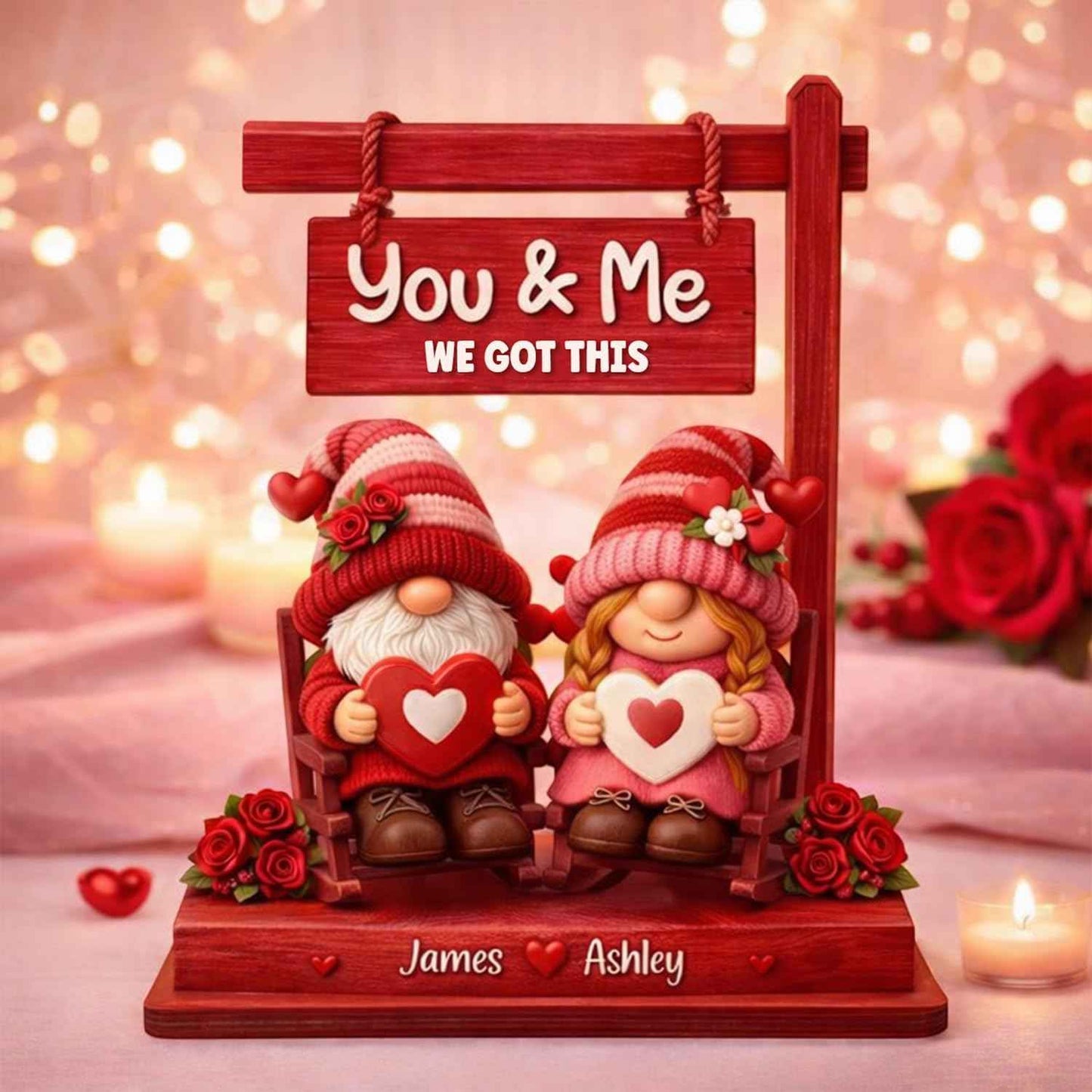 Personalized Gnome Couple Sign, Custom Names Romantic Gnome Love Wooden Table Sign, Cute Couple Home Decor, Anniversary Valentine Gift for Husband Wife