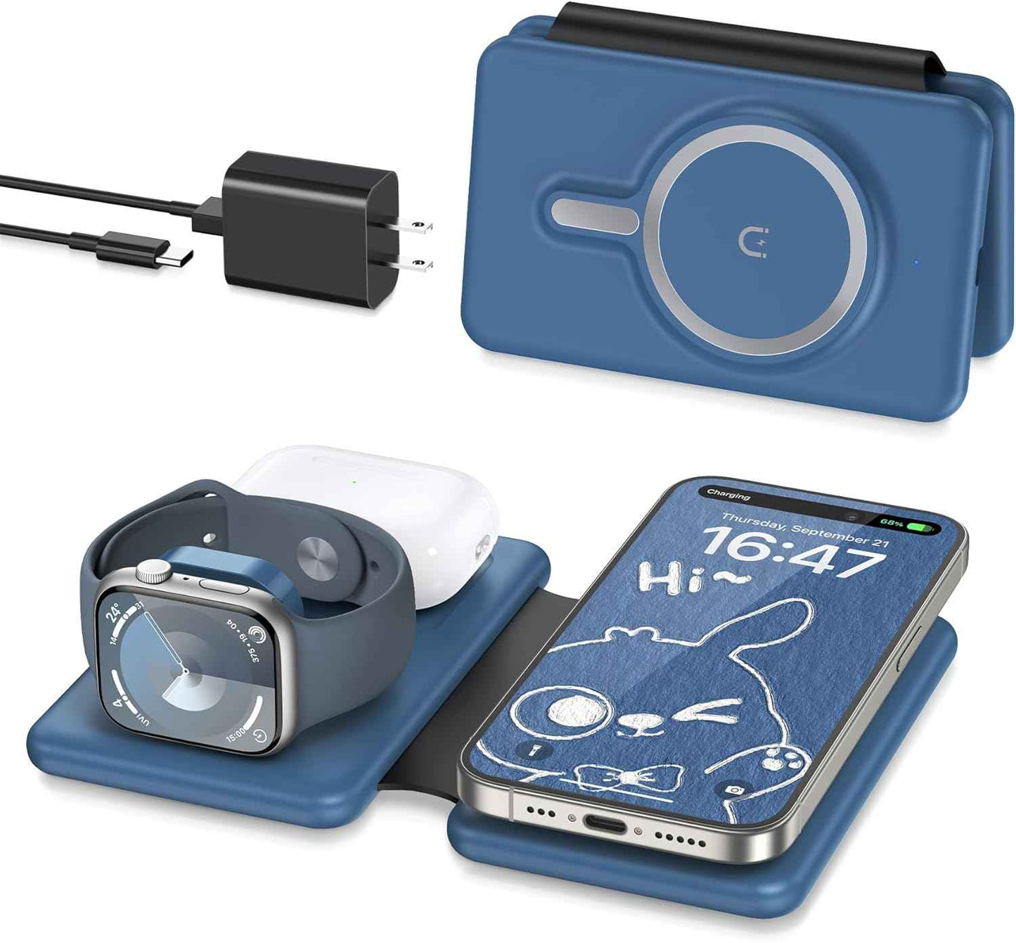 Magnetic Wireless Charger for iPhone: 3 in 1 Travel Charging Station for Apple Devices for iPhone 17 Air 16 15 14 13 12 Pro Max Plus - Foldable Charging Pad for Apple Watch Series & Airpods 4 3 2 Pro