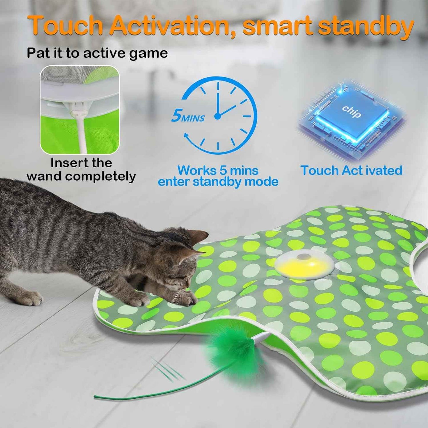 Interactive Cat Toys Rechargeable,Moving Concealed Feathers,Real Mouse Squeaky,Touch Activated Cat Kitten Toy Exercise Toys for Indoor Bored Adult Cats
