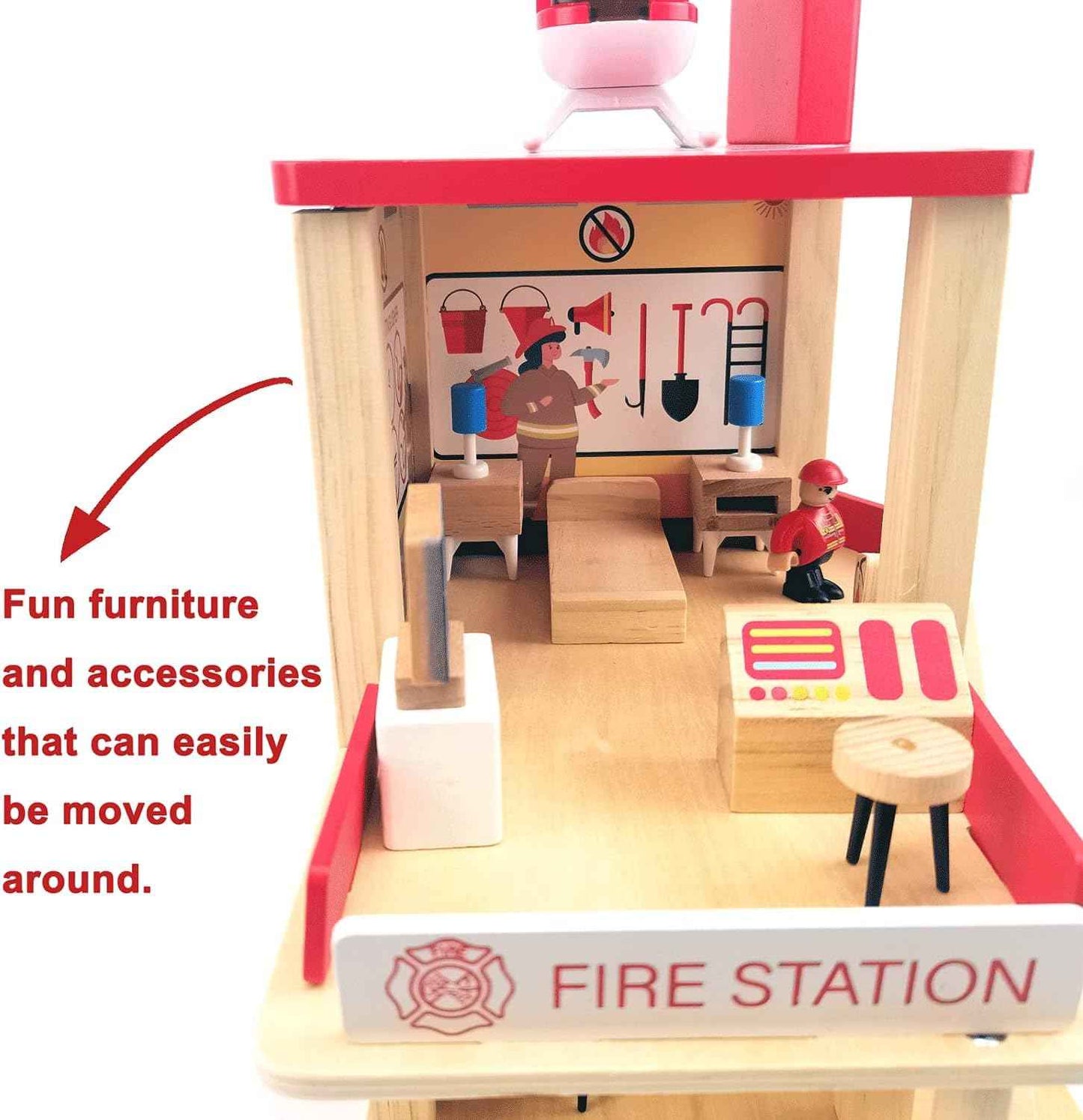 Wooden Fire Station Playset, Multicolor 3-Level Pretend Play Dollhouse with Figures, Truck, Helicopter and Accessories, Preschool Learning Educational Toys for Toddlers Kids Age 3 and up