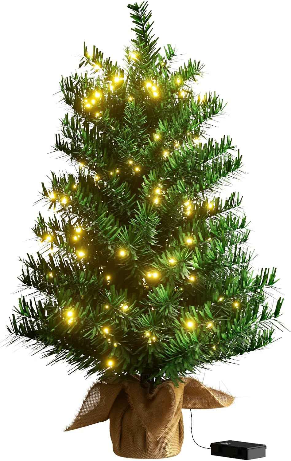 Pre-lit Mini Christmas Tree, 2ft Christmas Tree with 50 Led Warm Lights, Artificial Christmas Tree with 72 Branch Tips, Battery Operated Small Xmas Tree for Table Desk Best Holiday Home Decorations