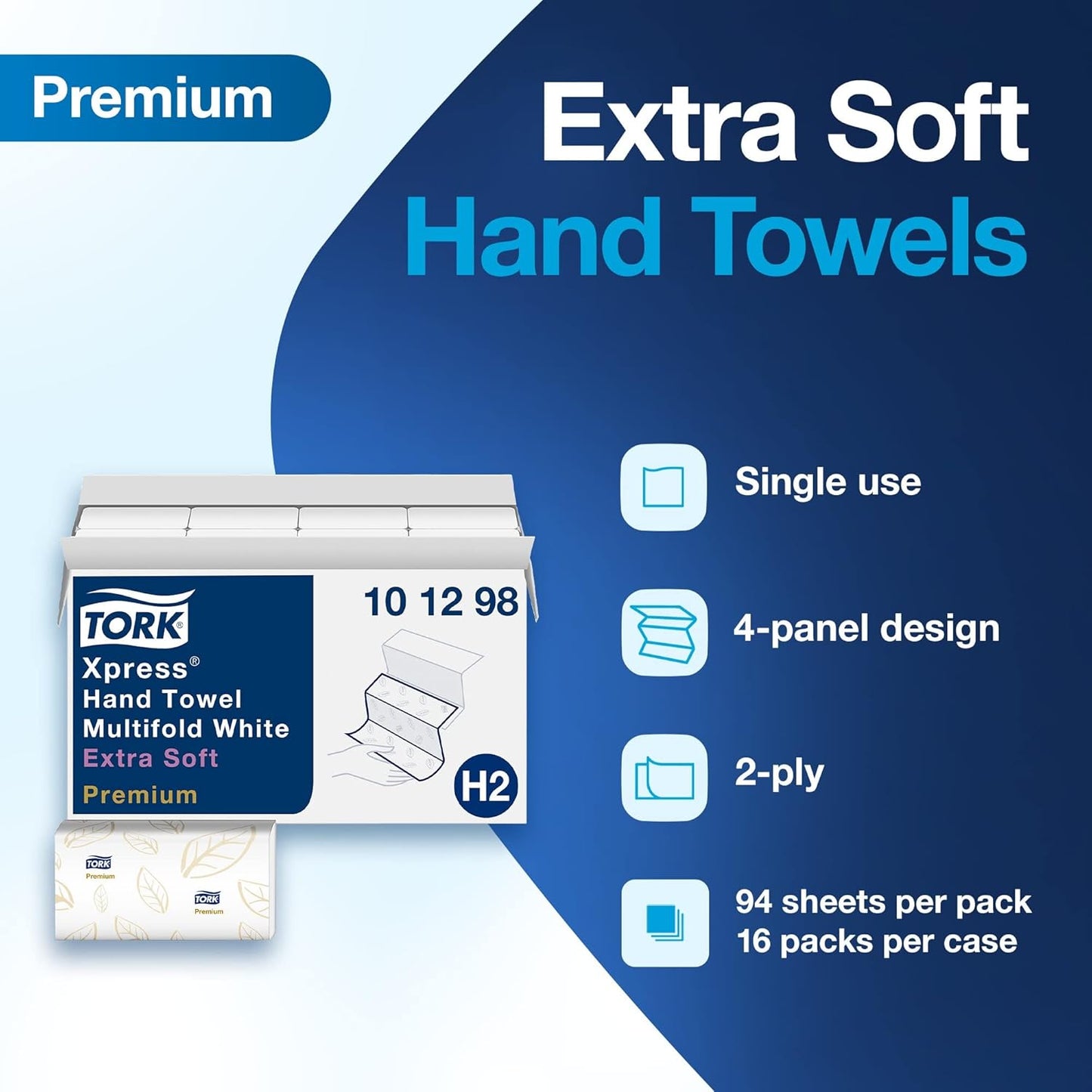 Tork Extra Soft Multifold Hand Towels White with Blue Leaf Print, H2 Dispenser Compatible 16 Packs x 94 Towels (101298) - Rayz Mart