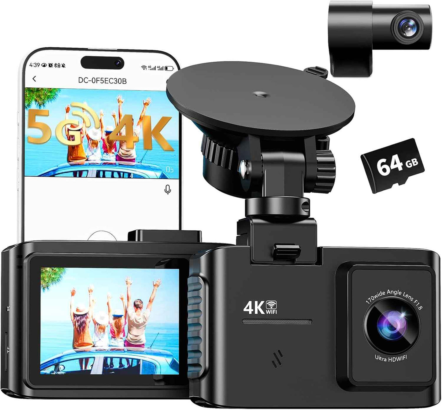 Dash Cam Front and Rear: 4K Dual Channel Dash Cam - 5GHz WiFi, Dash Camera for Cars with 64GB Card, 2" IPS, App Control, G-Sensor, Loop Recording, 170Β° Wide Angle, Night Vision, 24H Parking Mode